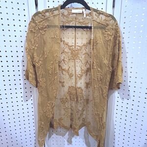 LUQ Women's Mustard Yellow‎ Lace Kimono Cardigan Short Sleeve Open Front